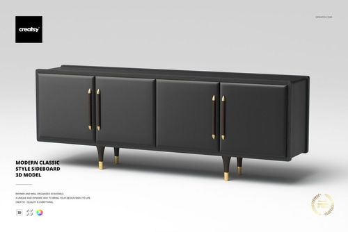 Modern sideboard with four doors, matte black finish, gold handles and legs, shown on a light gray background.