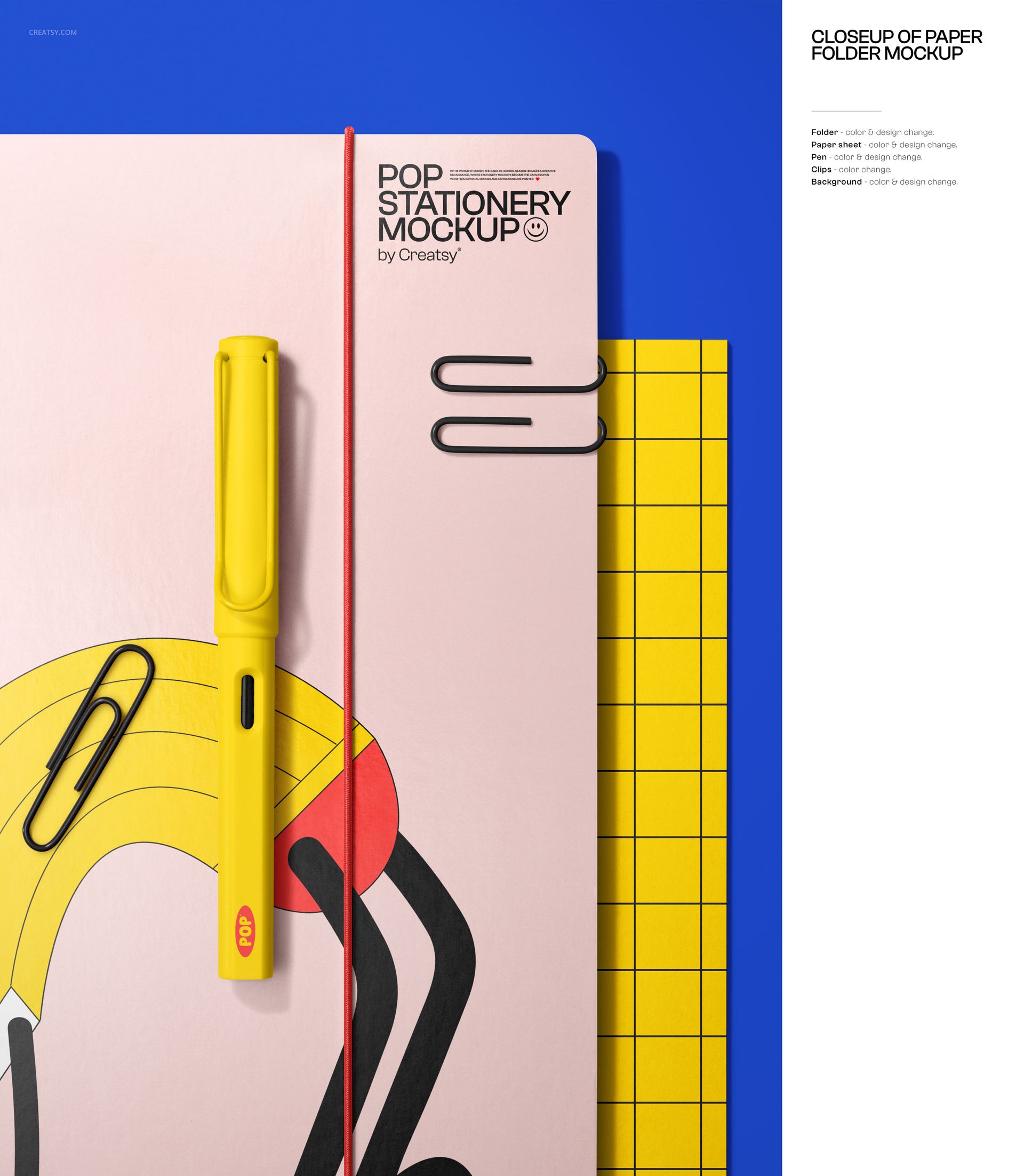 Front view of a colorful stationery mockup with a pink folder, yellow pen, large paper clips, and a yellow grid notebook on a blue background.