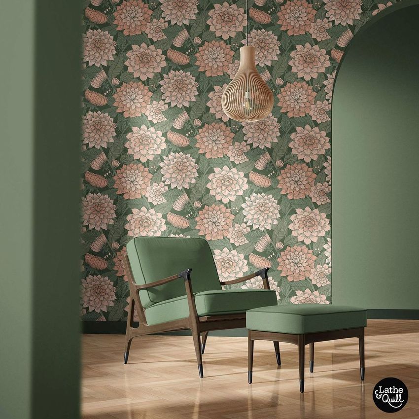 Lounge chair and ottoman mockup set in a modern room with green walls, floral wallpaper, and wooden floor.