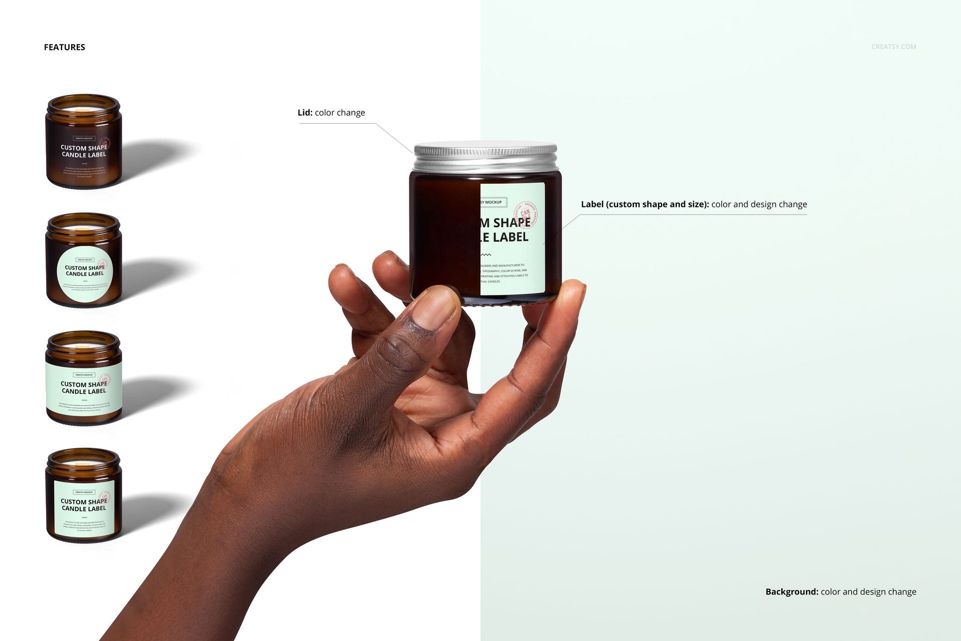 PSD mockup featuring a hand holding an amber candle jar, highlighting label customization and minimalist background.