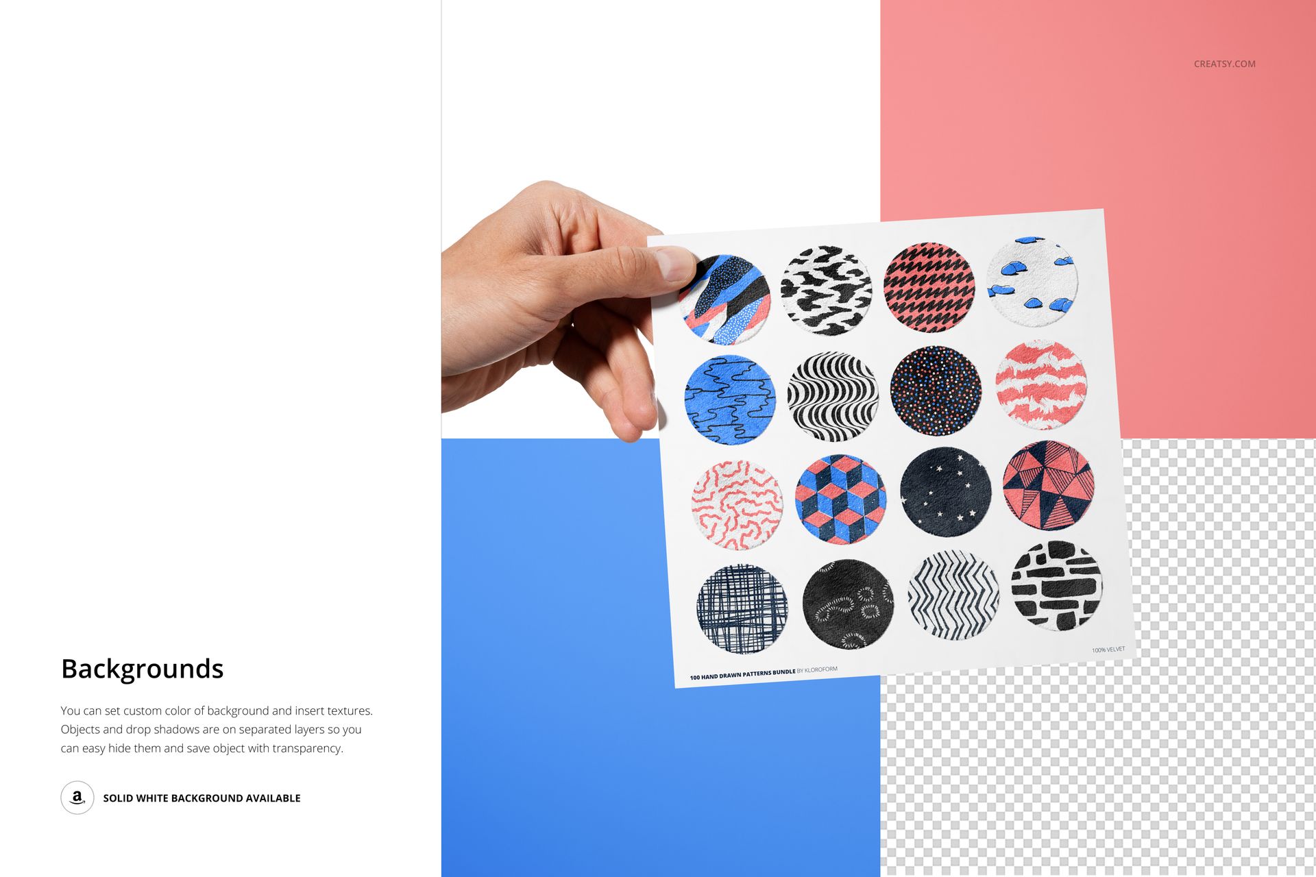 Hand holding a velvet swatches card mockup with sixteen round fabric samples in various colors and patterns, front view.