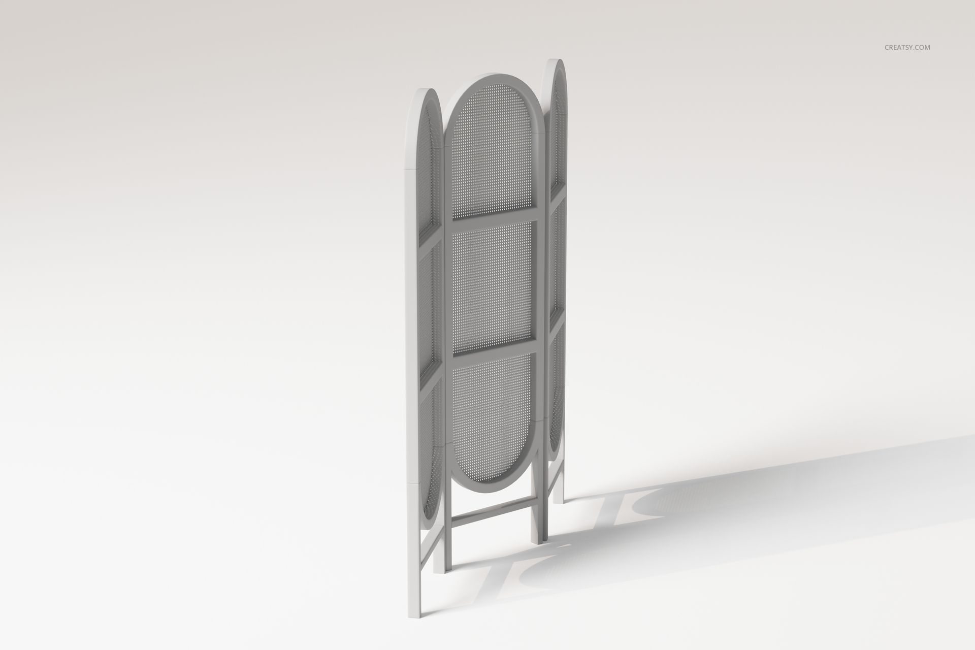 Rattan folding room divider with three vertical panels, arched tops, and light gray mesh, shown from a rear angle.