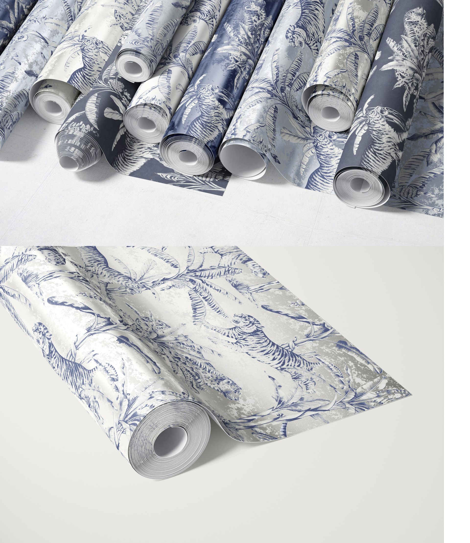 Rolled paper wallpaper mockups with blue and gray botanical patterns, shown from a top and angled view on a light surface.