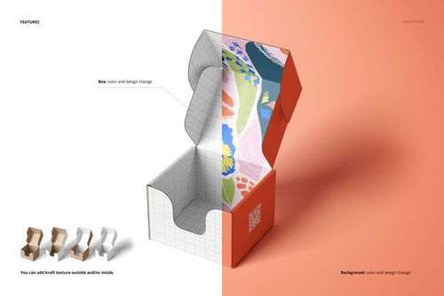 Front view of a partially open mailer box mockup with orange sides and colorful abstract pattern inside, split background.