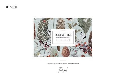 Christmas-themed 11 oz mug mockup on a kitchen countertop, featuring pinecones, berries, and botanical patterns.