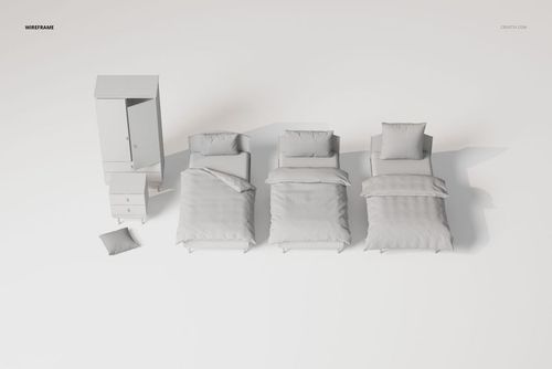 Front view of a kids bedroom furniture and bedding set with three beds, a wardrobe, a pillow, and a nightstand on a white background.