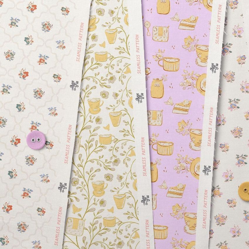 Cotton fabric sample mockup showing three fabric swatches with floral and tea-themed patterns, arranged diagonally on a light background.