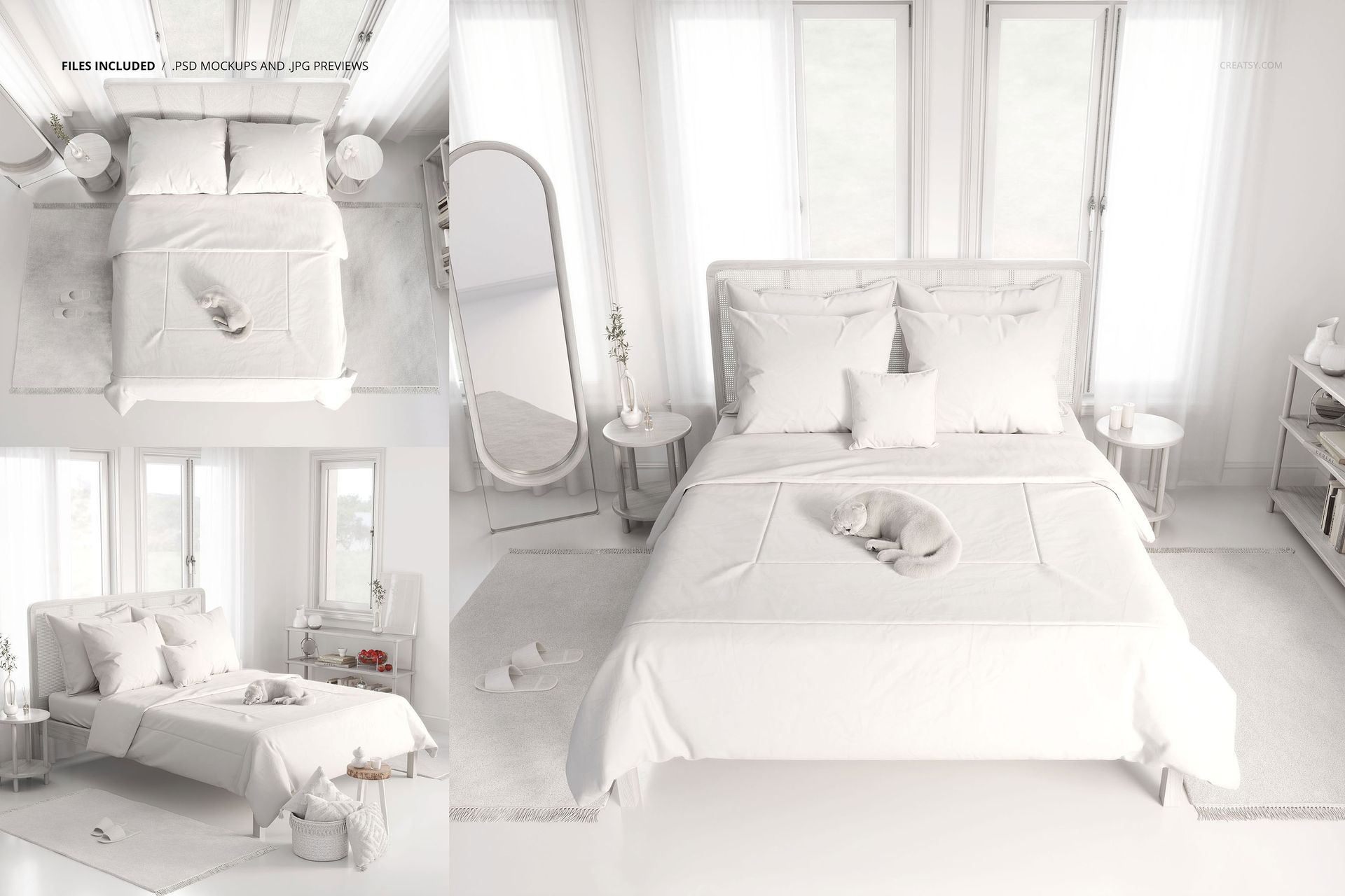 Boho bedroom bedding mockup featuring a neatly made bed with white linens, pillows, and a cozy blanket in a bright room.