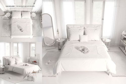 Boho bedroom bedding mockup featuring a neatly made bed with white linens, pillows, and a cozy blanket in a bright room.