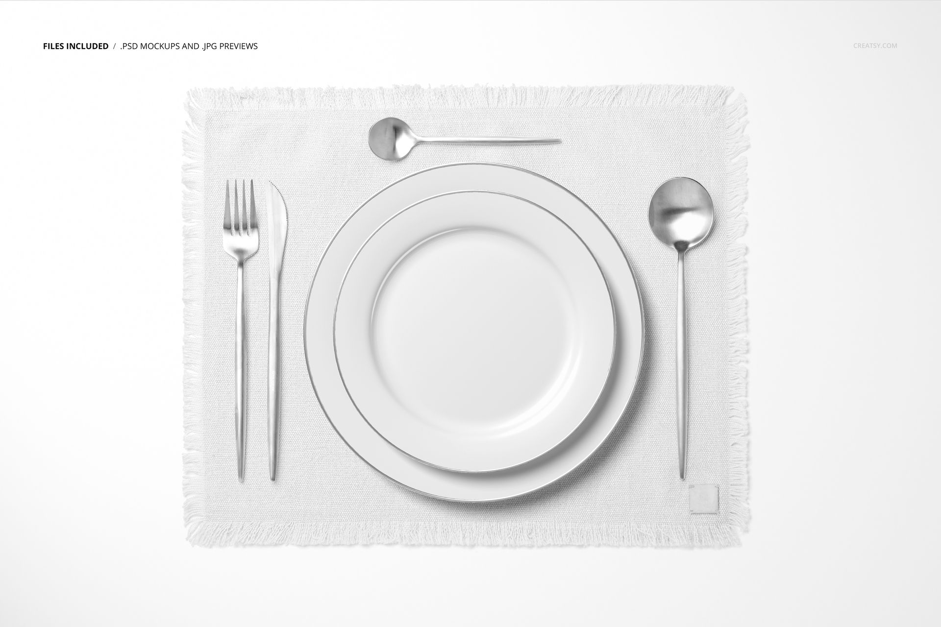 Fringed placemat mockup featuring a white plate and silver cutlery set, displayed from a top-down perspective.