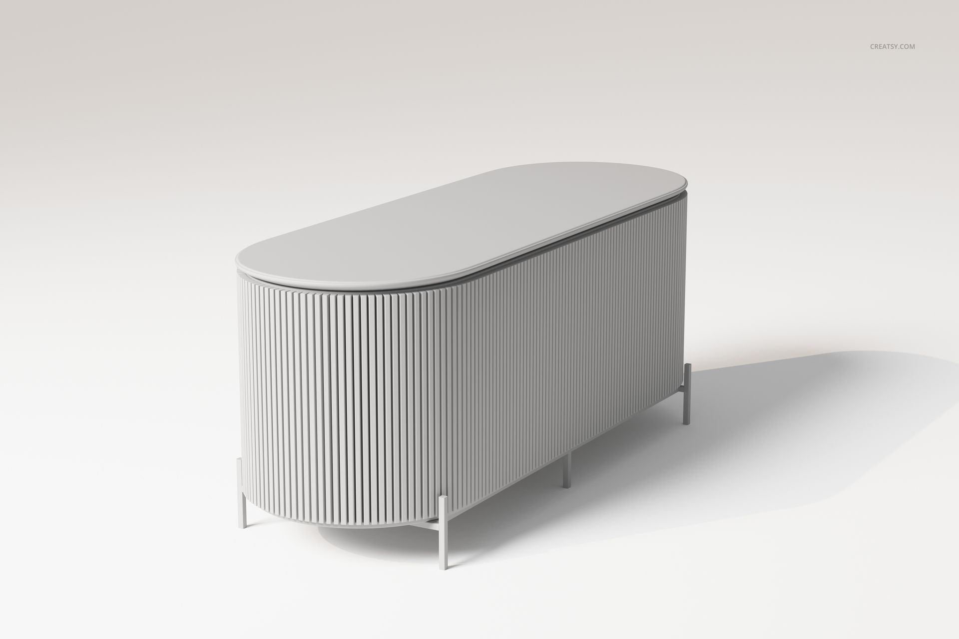 Oval-shaped bar cabinet with vertical ribbed texture in light gray, shown from a front angled perspective on a plain background.