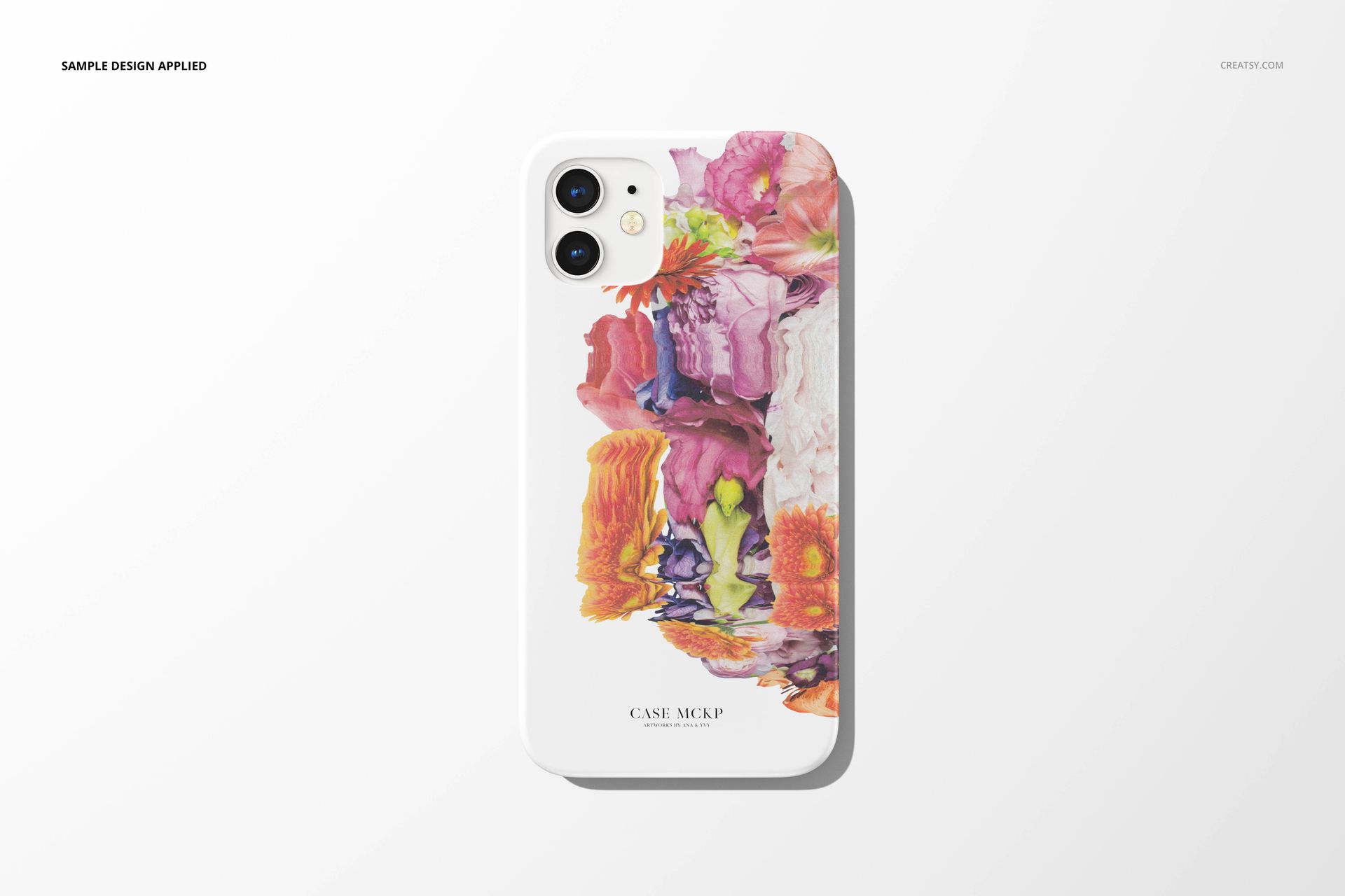 iPhone 12 matte snap case mockup featuring a colorful abstract design, shown in a top-down perspective on a plain surface.
