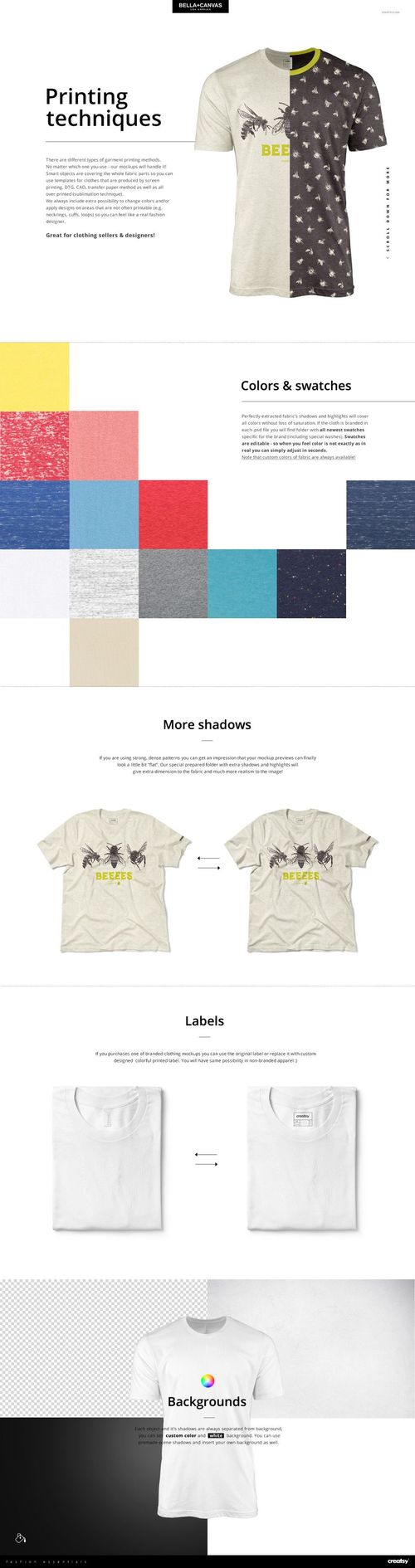 Unisex short sleeve t-shirt mockup displayed with half solid color and half patterned design, front view on white background.