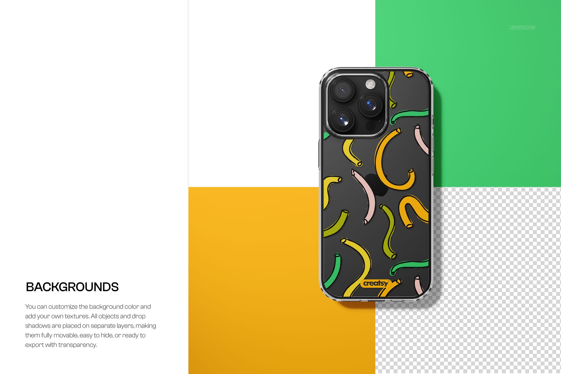 Clear phone case mockup for iPhone 16 Pro Max featuring abstract colorful curved shapes on a dark background, shown in front view.