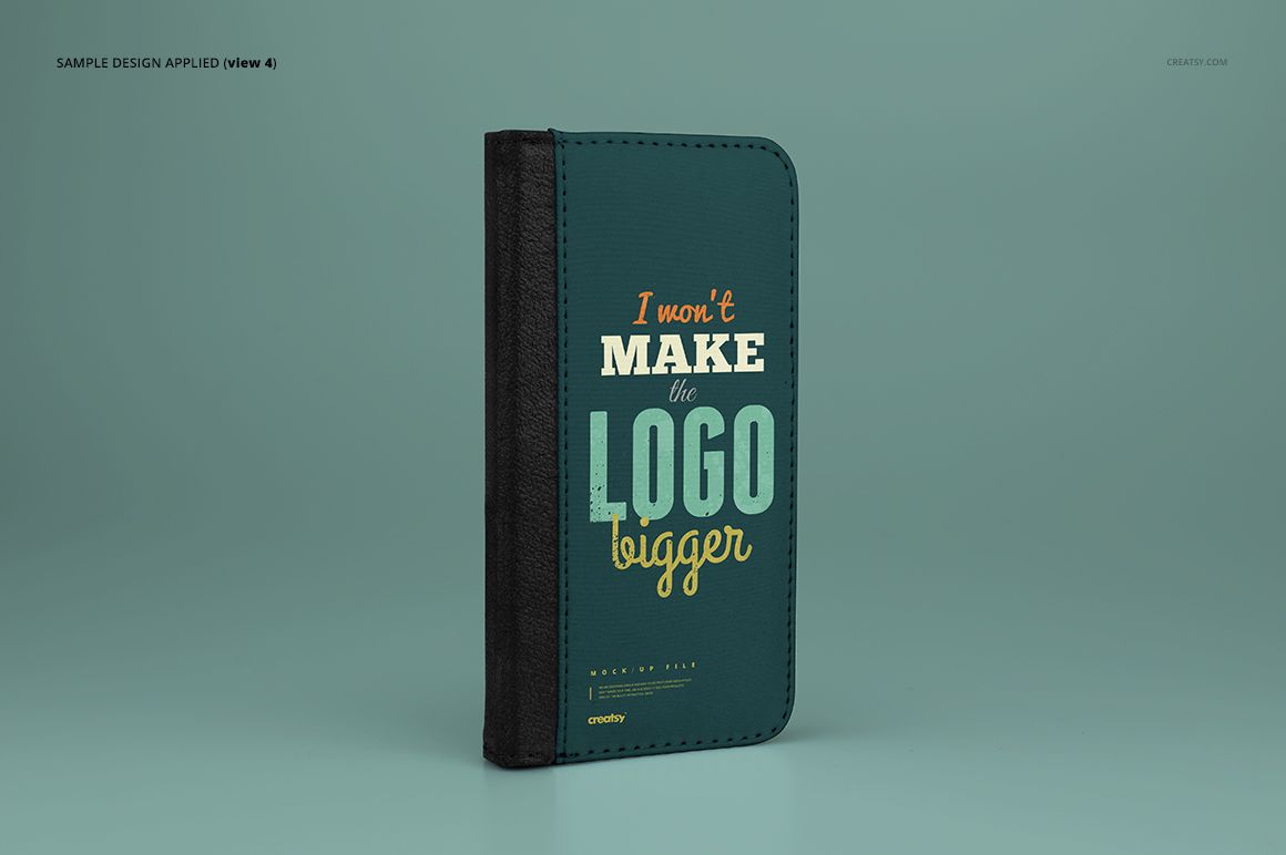 Foldable iPhone X case mockup standing upright on a solid light teal background with a sample design applied.