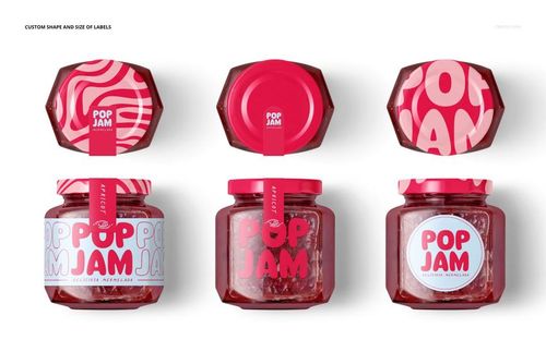 Front and top views of raspberry jam jars with pink and white labels, shown in a PSD mockup set on a white background.