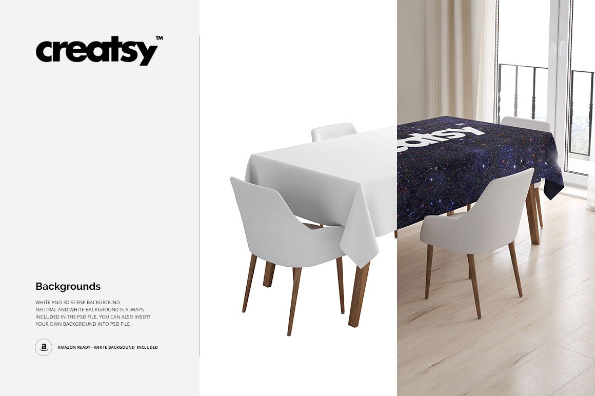 Rectangular tablecloth mockup with a starry night pattern, shown on a dining table with four white chairs in a bright room.