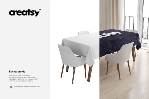 Rectangular tablecloth mockup with a starry night pattern, shown on a dining table with four white chairs in a bright room.