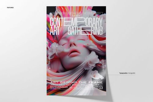 Front view of a floral line art poster mockup featuring swirling colors and white flowers on a neutral background.