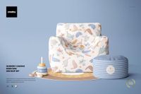Nursery canvas bean bag mockup set featuring a patterned chair, striped ottoman, and pastel stacking rings on a blue background.