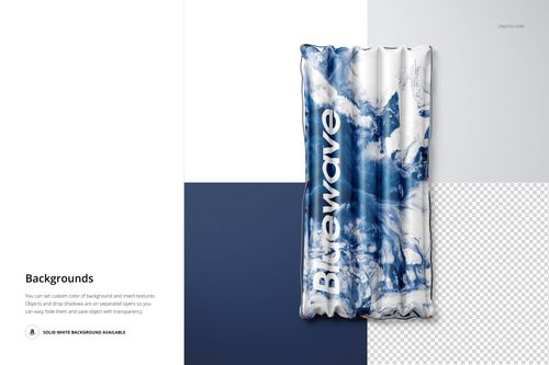 PSD mockup of a swimming raft featuring a blue marbled design, shown from above on a multi-color backdrop.