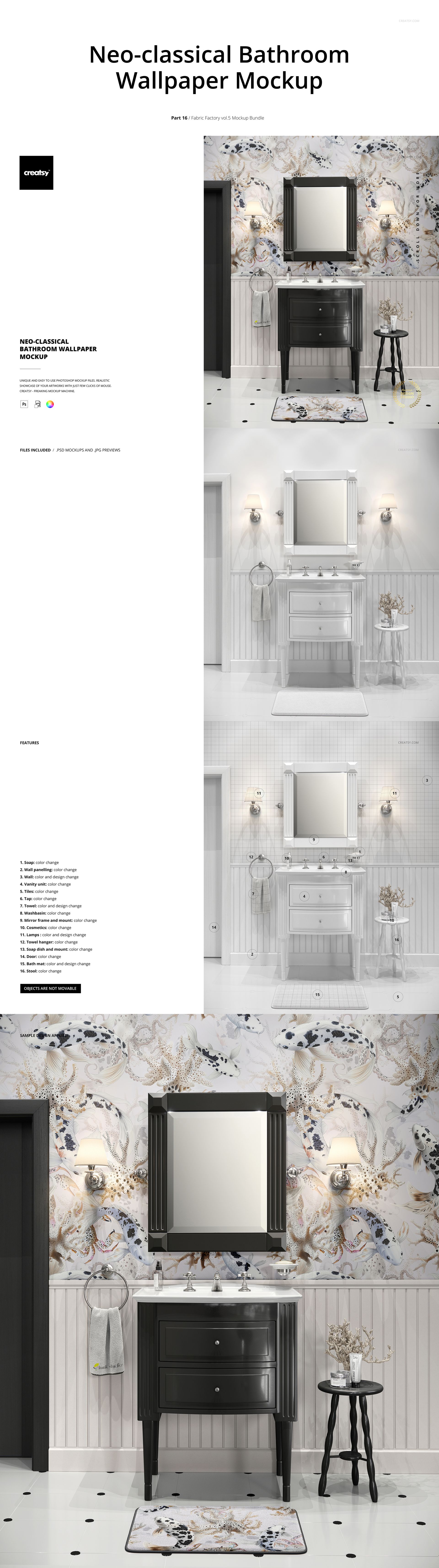 Elegant bathroom mockup featuring a black cabinet, ornate mirror, floral wallpaper, and a patterned rug in a home setting.