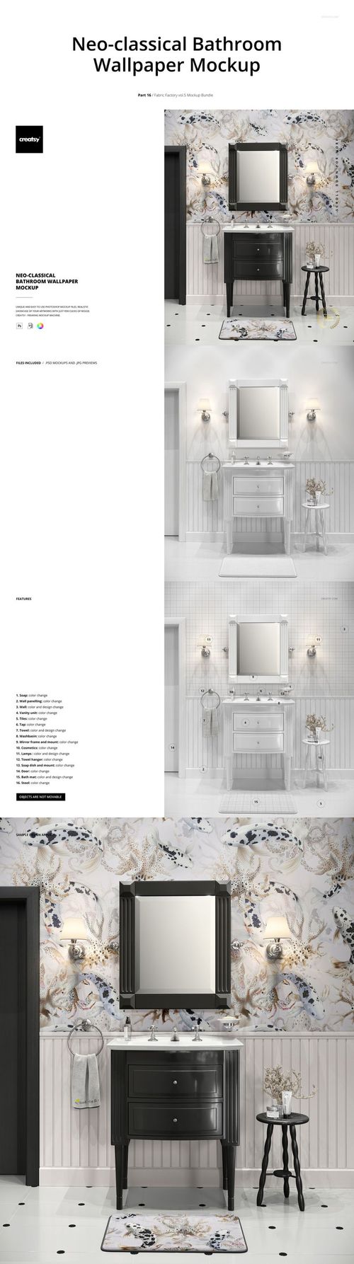 Elegant bathroom mockup featuring a black cabinet, ornate mirror, floral wallpaper, and a patterned rug in a home setting.