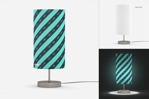 Lampshade mockup featuring a vertical cylinder shape, teal and dark blue stripes, displayed with lights on and off.