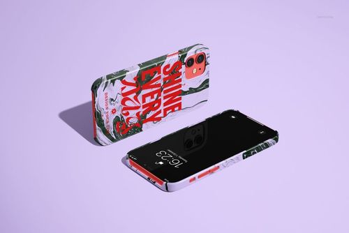 iPhone 12 case mockup with glossy finish, displaying a colorful pattern and text, presented on a light purple background.