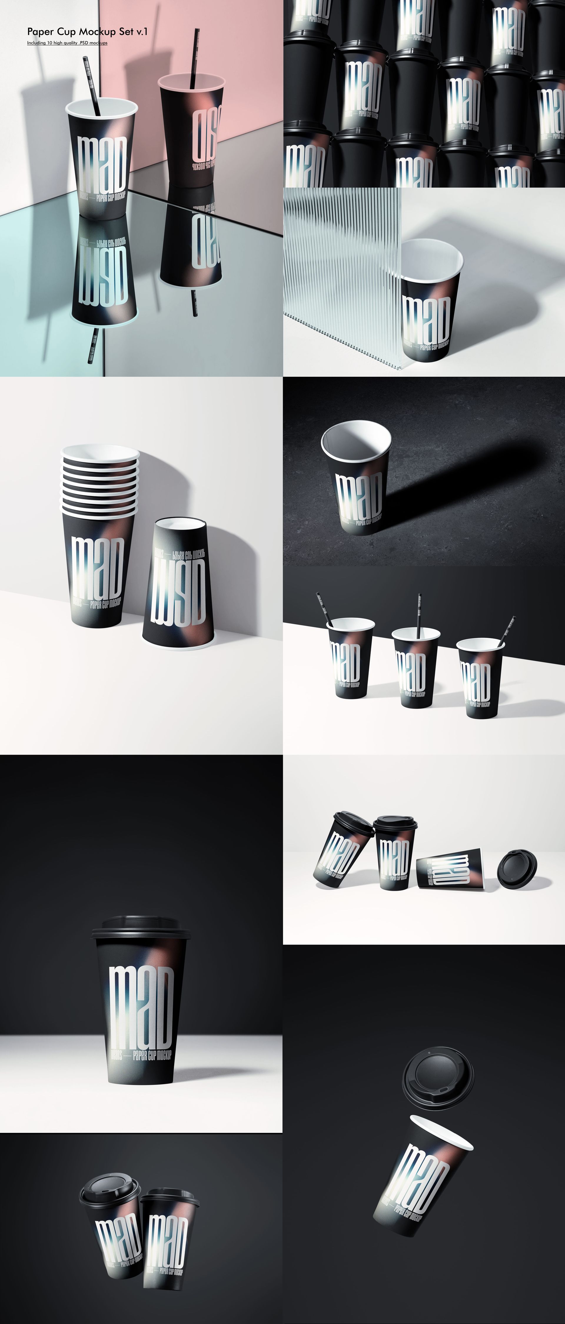 Assorted paper cups arranged in stacks, rows, and singles, showcasing customizable mockup designs in a studio setting with soft lighting.