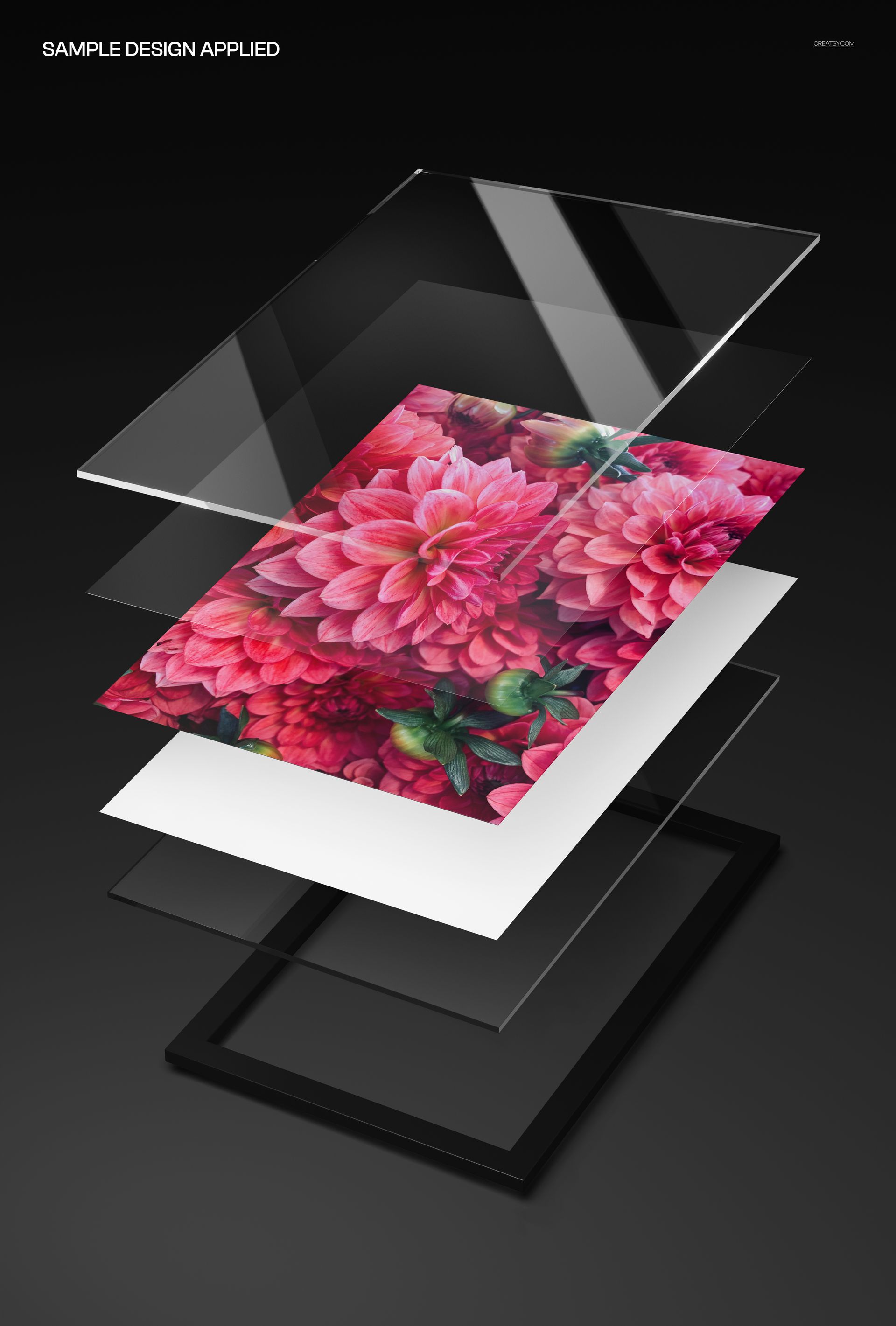 Floating acrylic print mockup showing layered transparent panels and a floral design from an angled view.