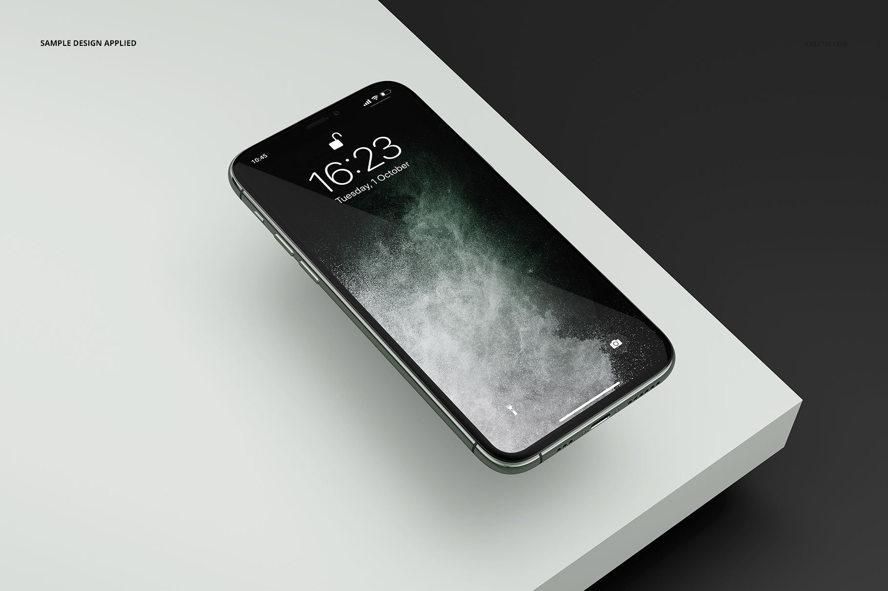 Single iPhone 11 Pro mockup featuring a close-up of the screen with a smoky green design, side perspective.