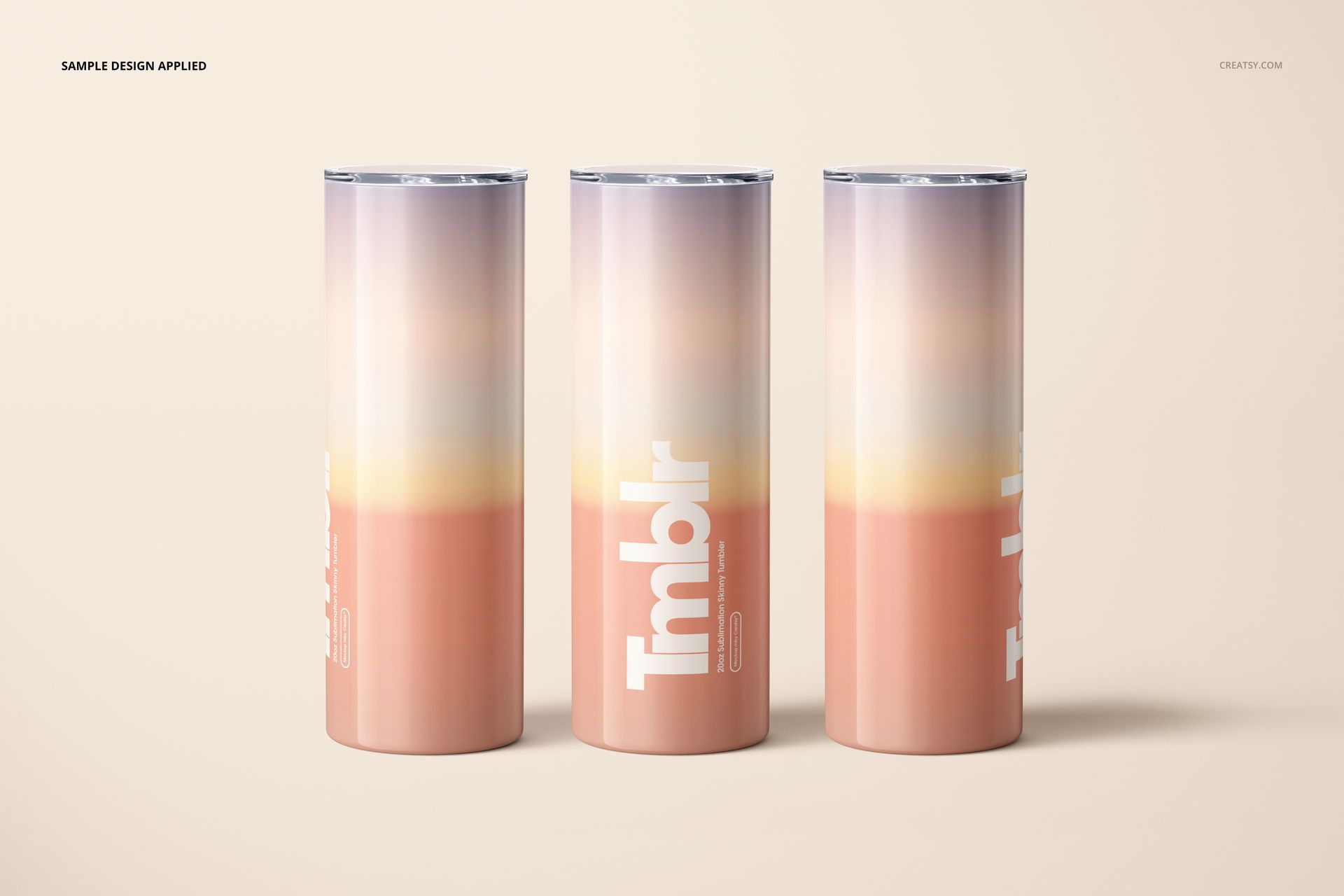 Three 20oz skinny tumblers with gradient pastel colors, displayed upright in a front view on a neutral background.