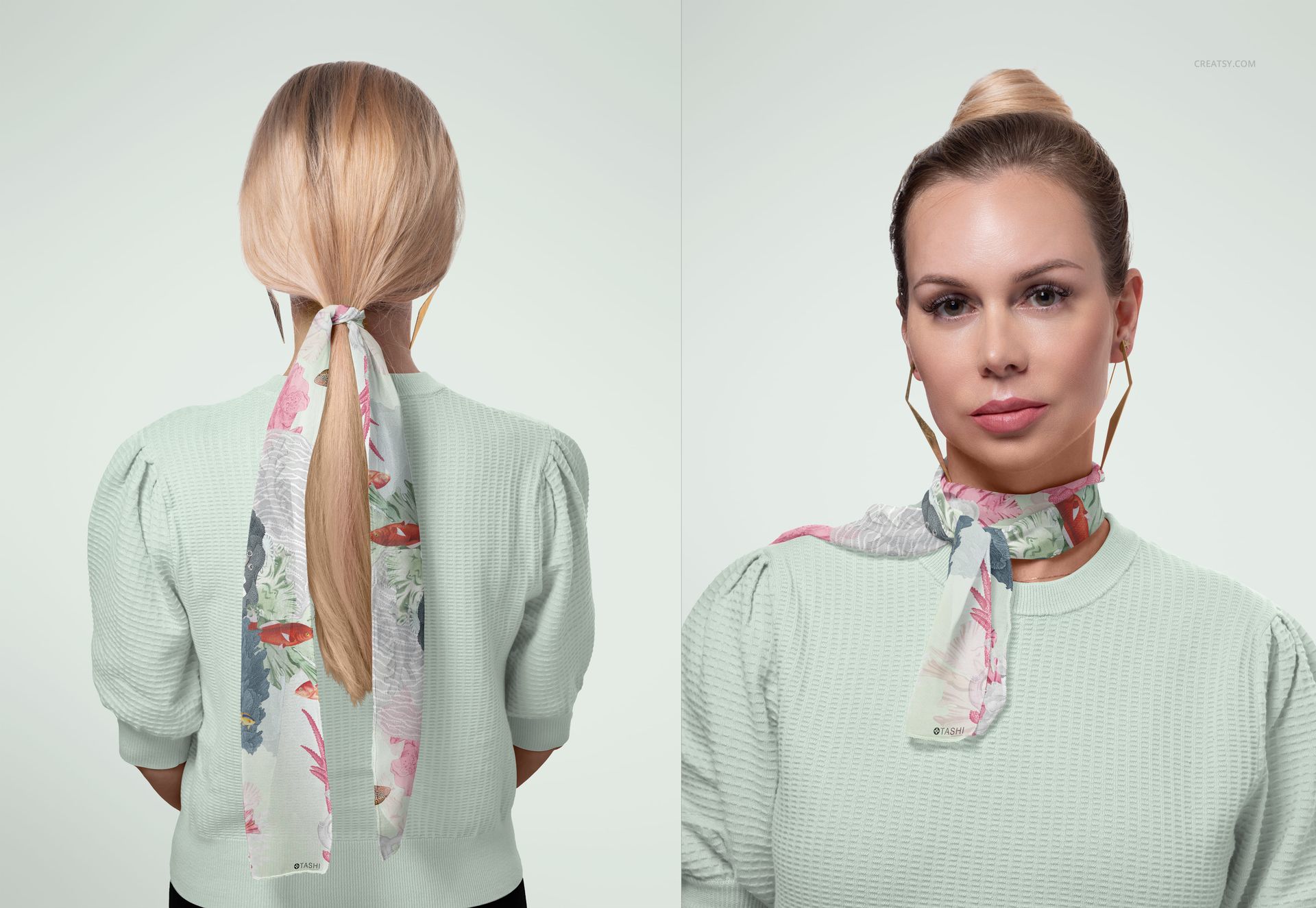 Long chiffon silk scarf with pastel floral pattern, styled around neck and tied in hair, shown on light background.