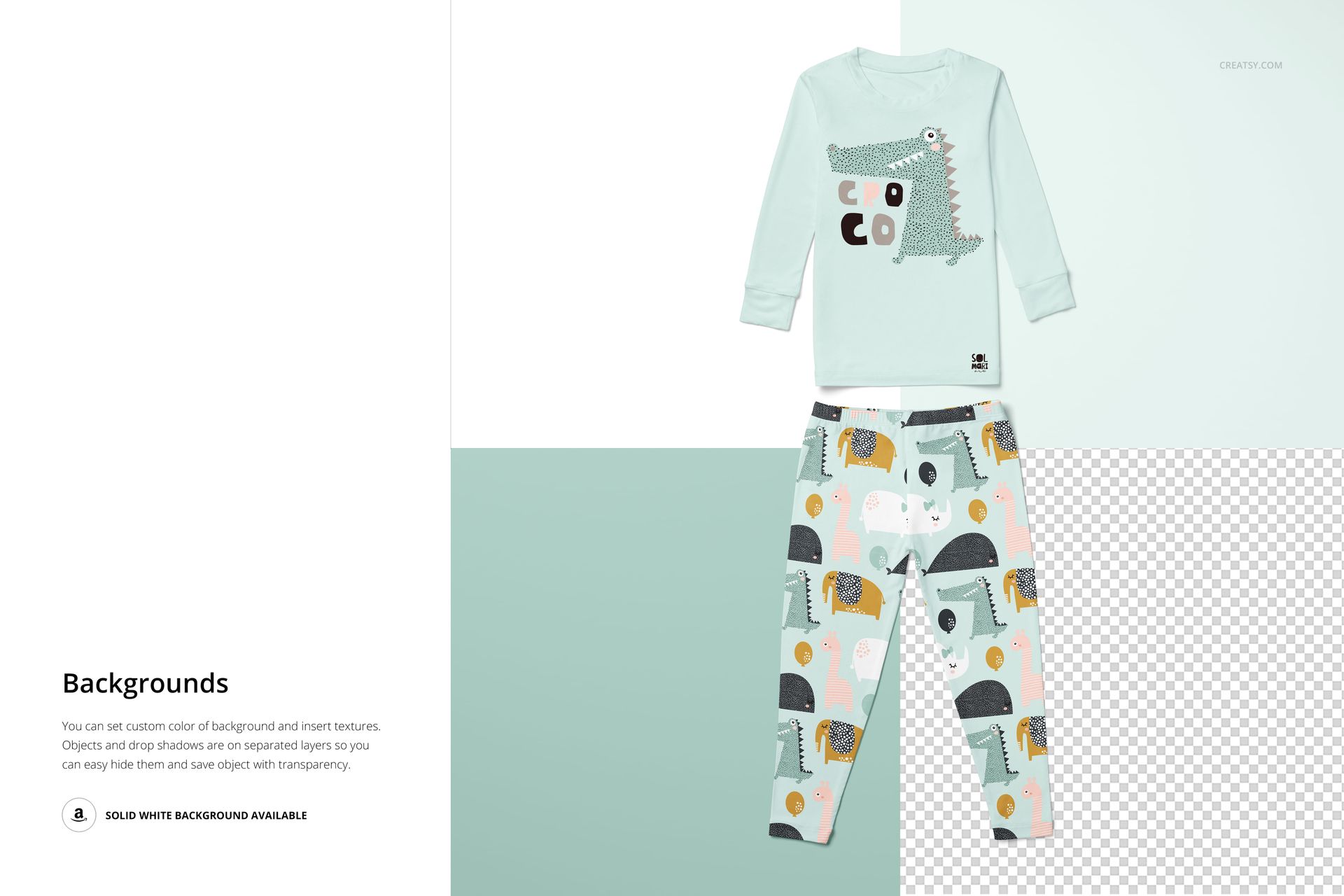 Kids long sleeve pajama set mockup with light blue top featuring a crocodile print and patterned pants, front view.