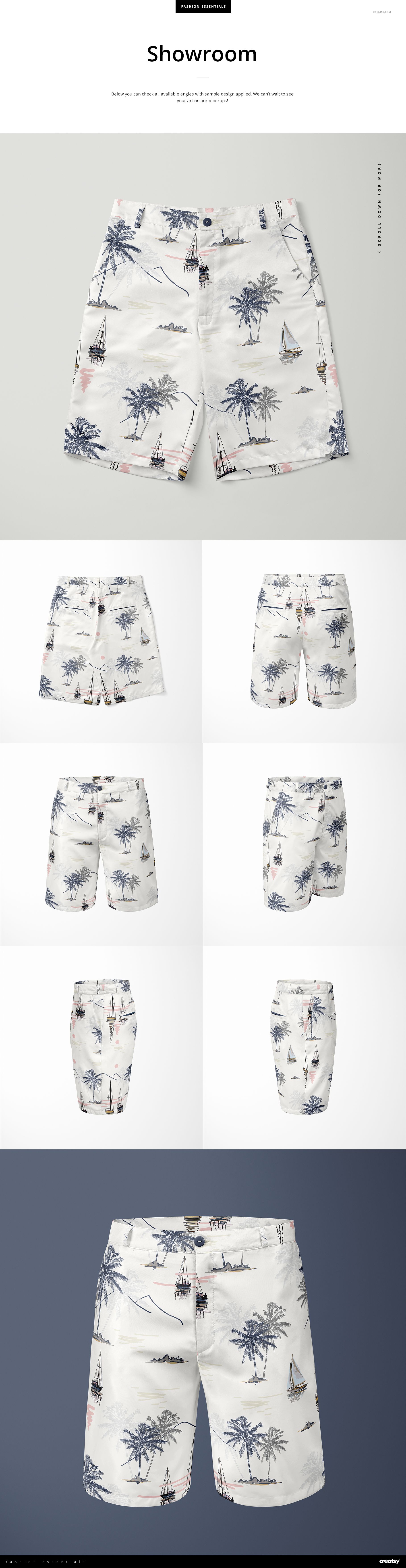 Mockup set of men’s polyester shorts featuring a white base with blue palm trees and sailboats, displayed from various angles.