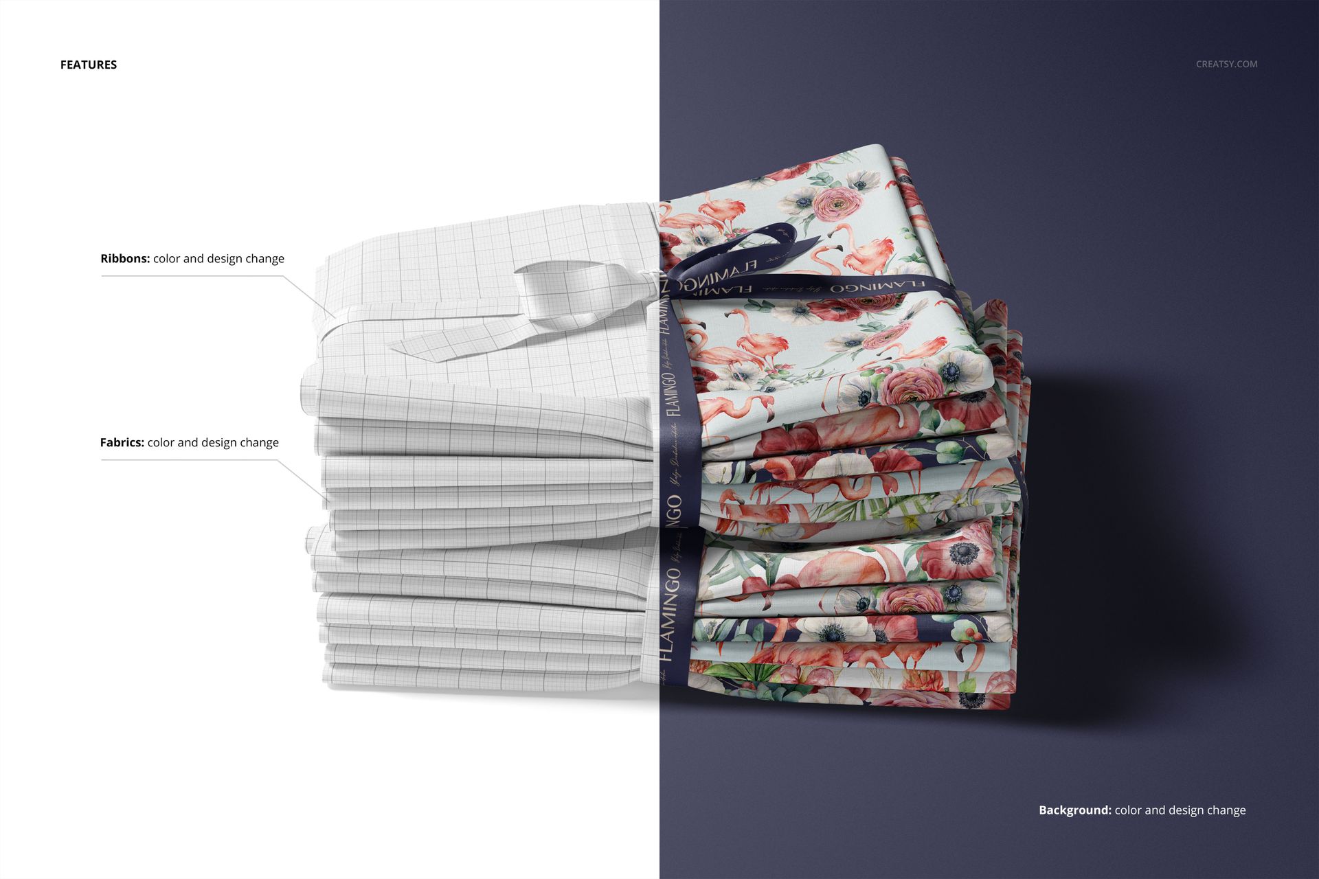 Folded fabrics mockup displaying colorful textile designs, including flowers and flamingos, on a stacked pile.