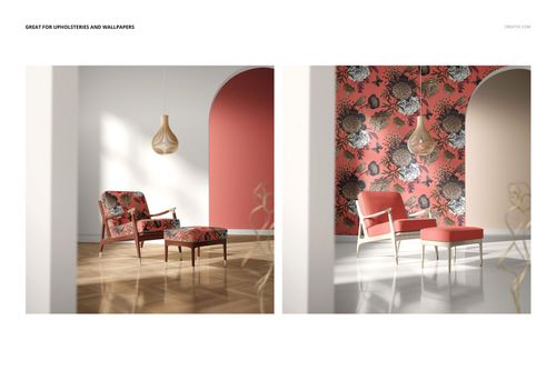 Mockup of a lounge chair and ottoman set with floral pattern, displayed in contemporary rooms with arched walls and wood floors.