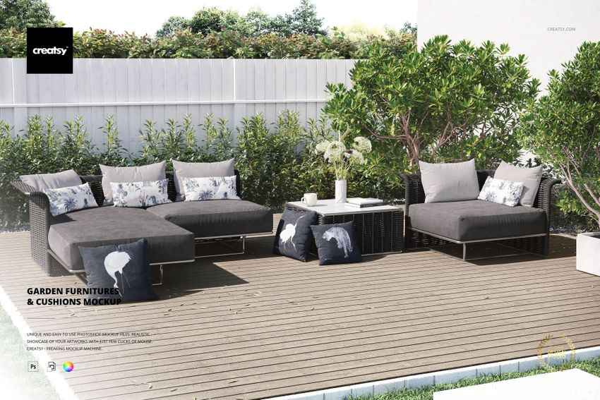 Garden furniture PSD mockup featuring sectional seating, accent pillows with nature motifs, and a fenced backyard scene.