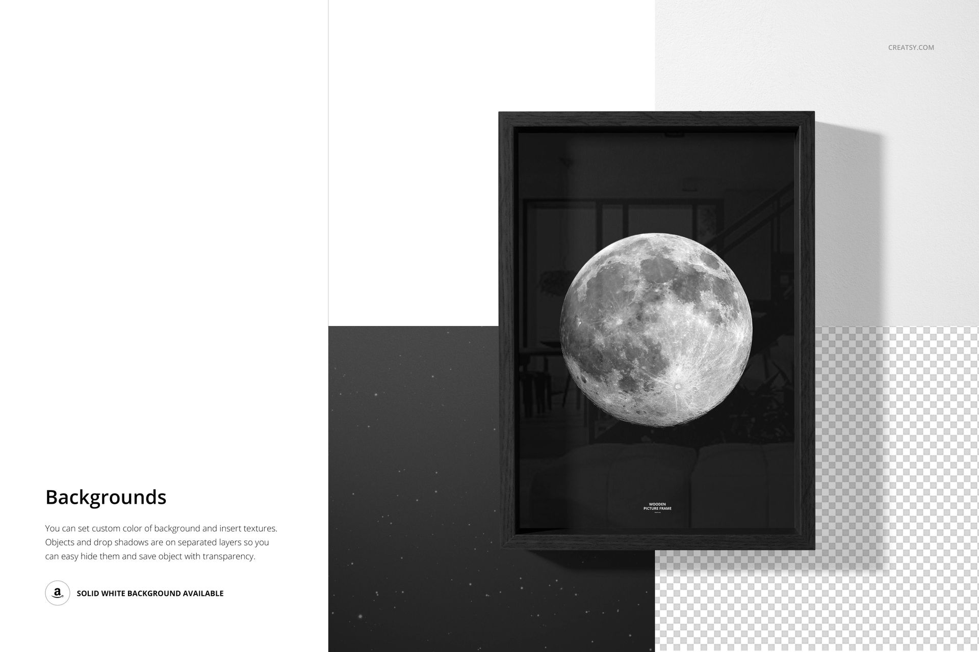 Front view of a vertical wooden picture frame mockup displaying a moon print, set against a split black and white background.