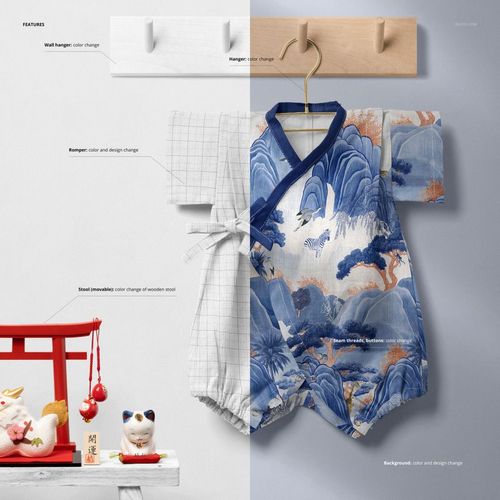 Japanese style baby romper mockup showing two rompers side by side, one with a scenic pattern and one with a simple grid.