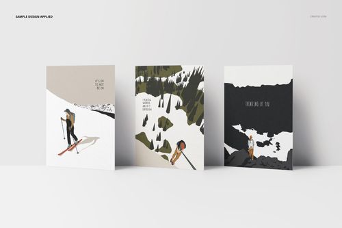 A2 cards mockup set showing three square cards with illustrated nature designs, arranged in a row on a white background.