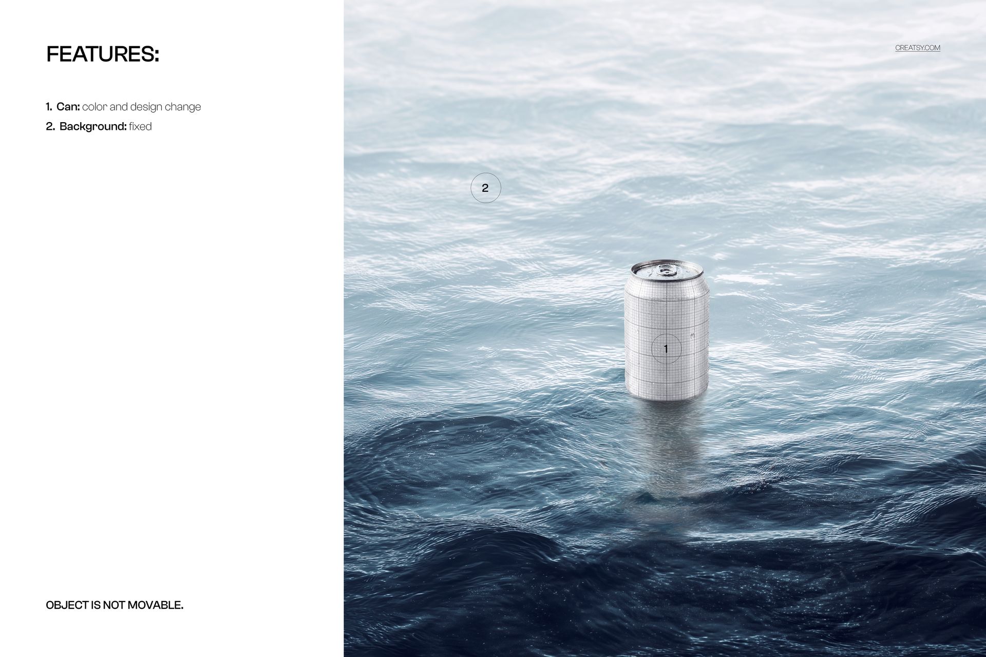 Beverage can mockup floating upright in deep open water, surrounded by realistic blue waves, front view.