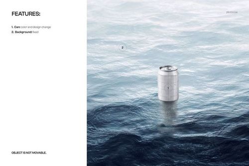 Beverage can mockup floating upright in deep open water, surrounded by realistic blue waves, front view.