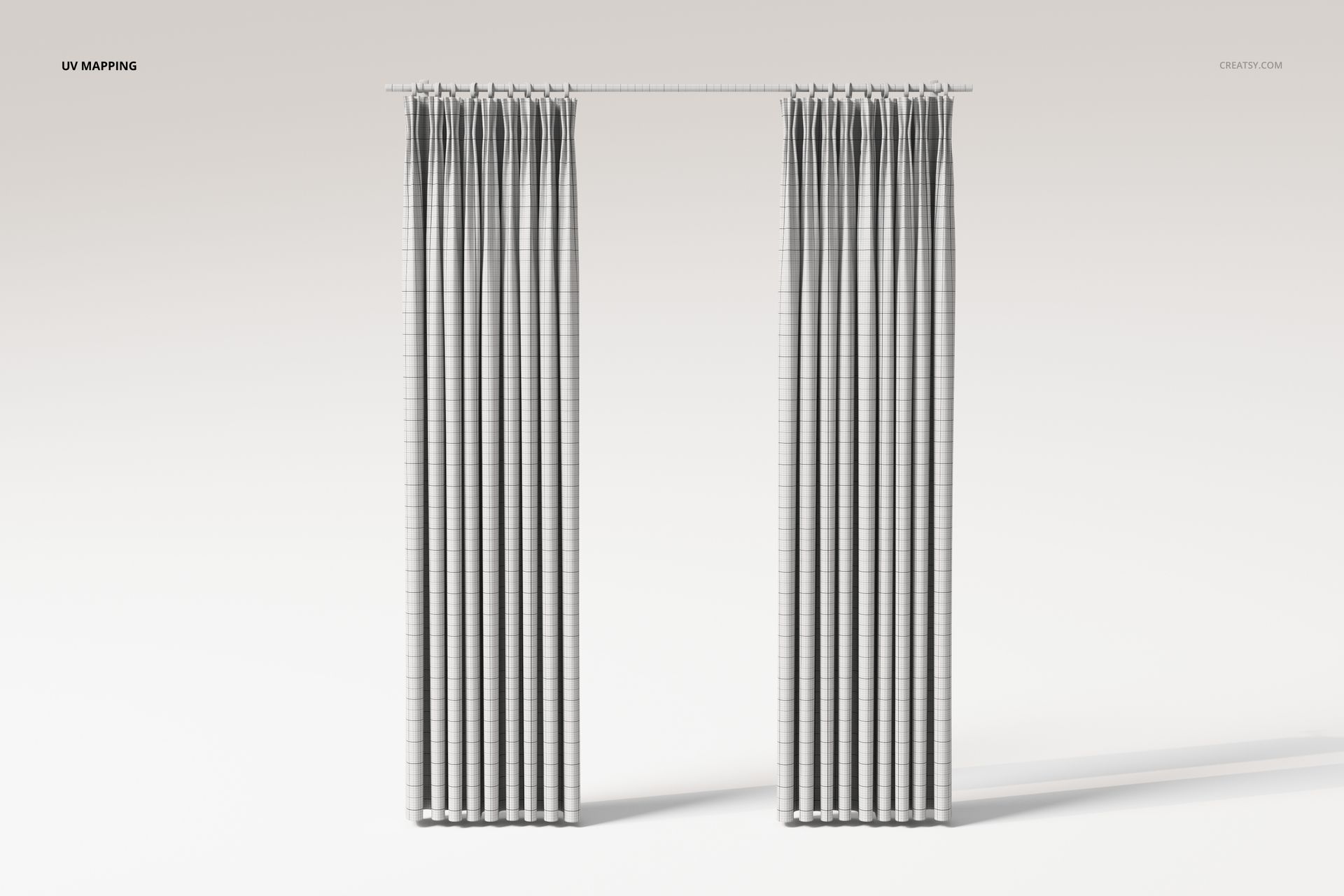 Front view of two tall French pleat curtains with a subtle grid pattern, hanging against a plain light background.
