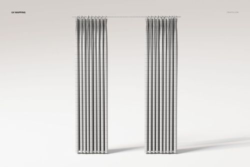 Front view of two tall French pleat curtains with a subtle grid pattern, hanging against a plain light background.