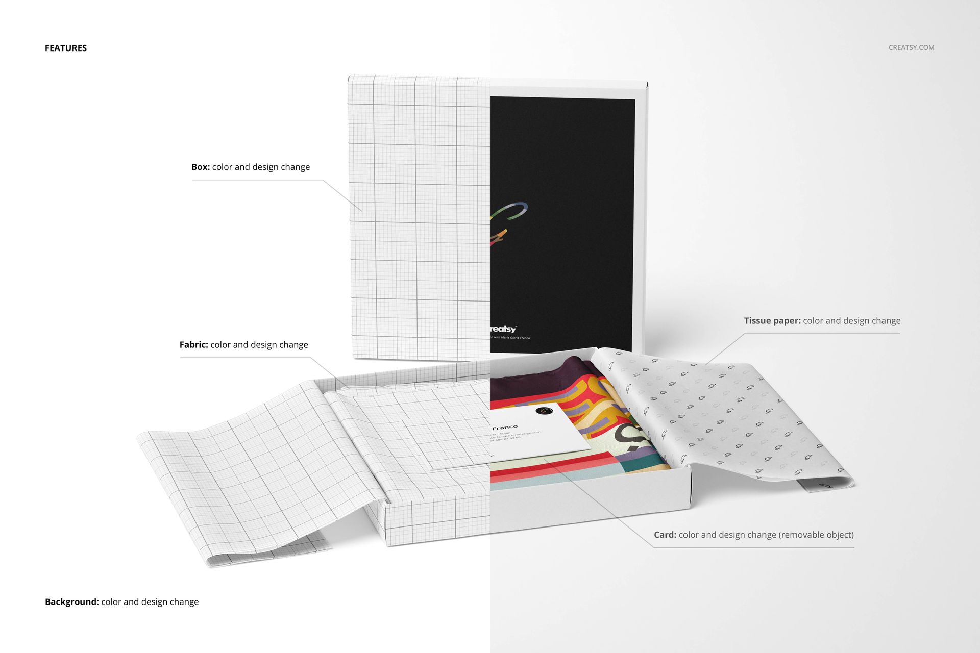 Twill silk scarf mockup set featuring an open box, patterned scarf, tissue paper, and card on a white background.