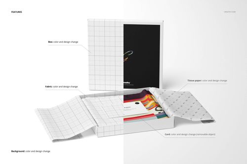 Twill silk scarf mockup set featuring an open box, patterned scarf, tissue paper, and card on a white background.