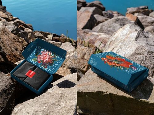 Mailing box mockup featuring a blue package with decorative print, displayed on rocks near a bright blue shoreline.