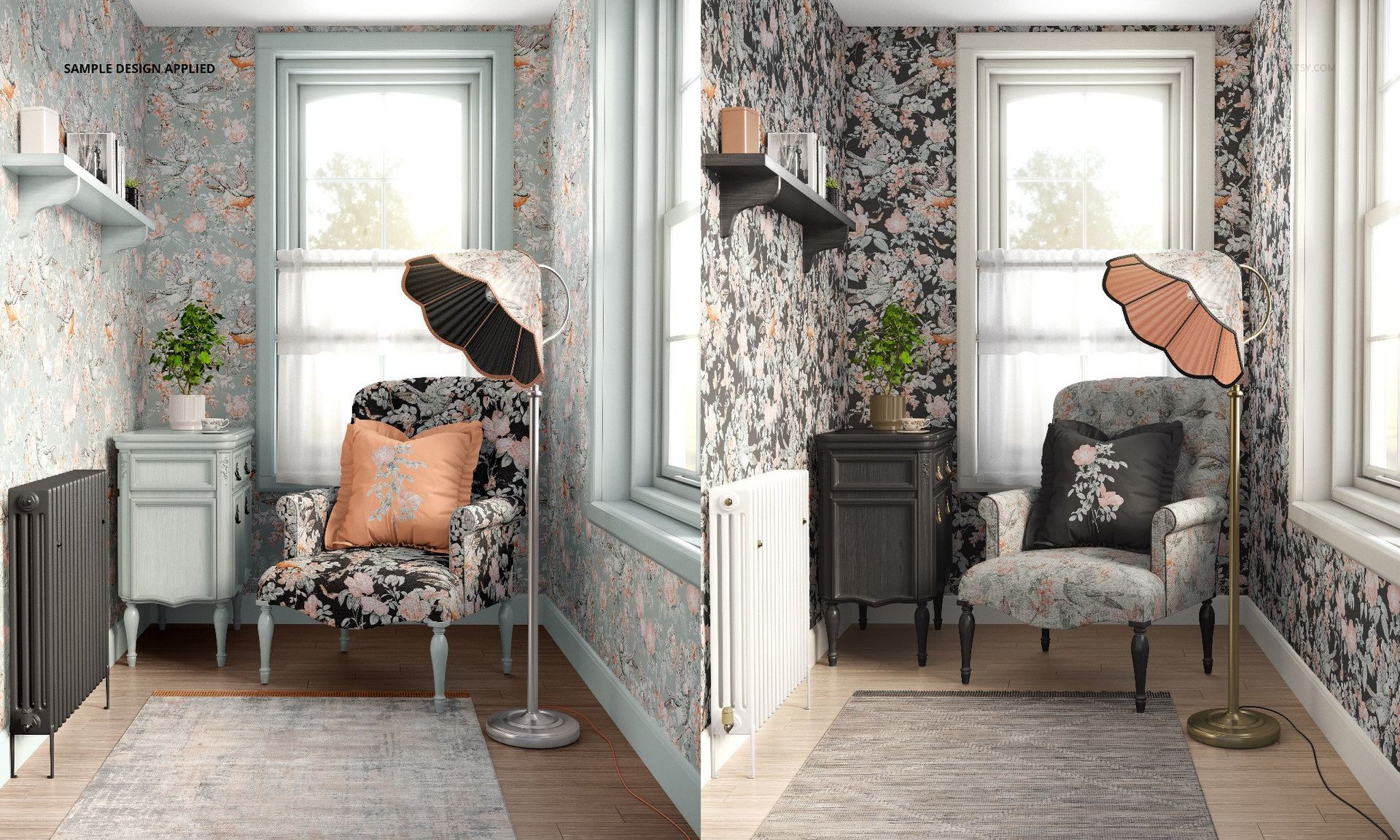 Vintage armchair mockup in a reading corner with floral wallpaper, fluted lampshade, and window, front view.